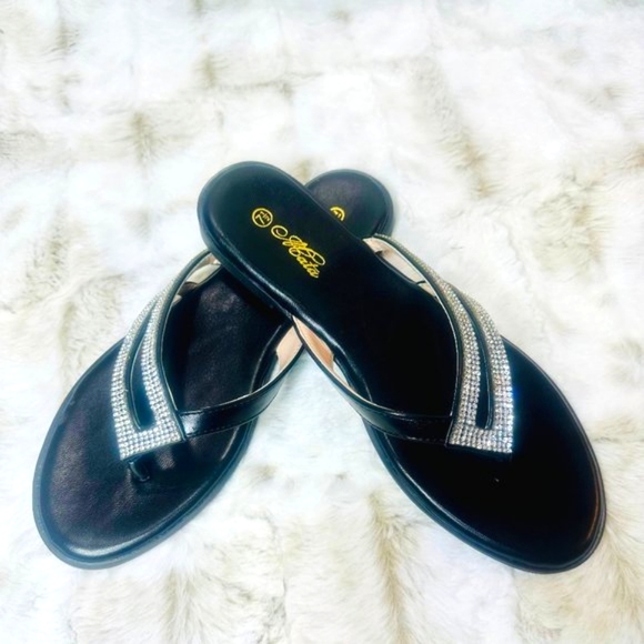 Mata Slip On Summer Flats Rhinestone Black Sandals - Picture 7 of 8